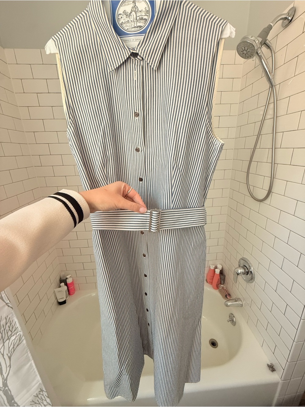 Lafayette 148 New York Blue and White Striped Sleeveless Shirt Dress with Belt